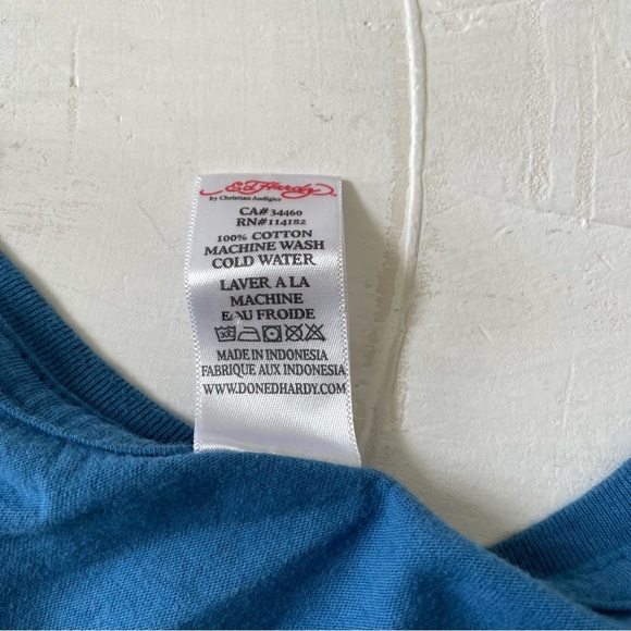 Ed Hardy Skull Rose Blue Tee Rhinestone by Christian Audigier Size M - Picture 10 of 11